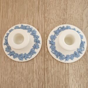 Vintage Wedgwood Embossed Queen's Ware Candlestick Holders - Blue On Cream